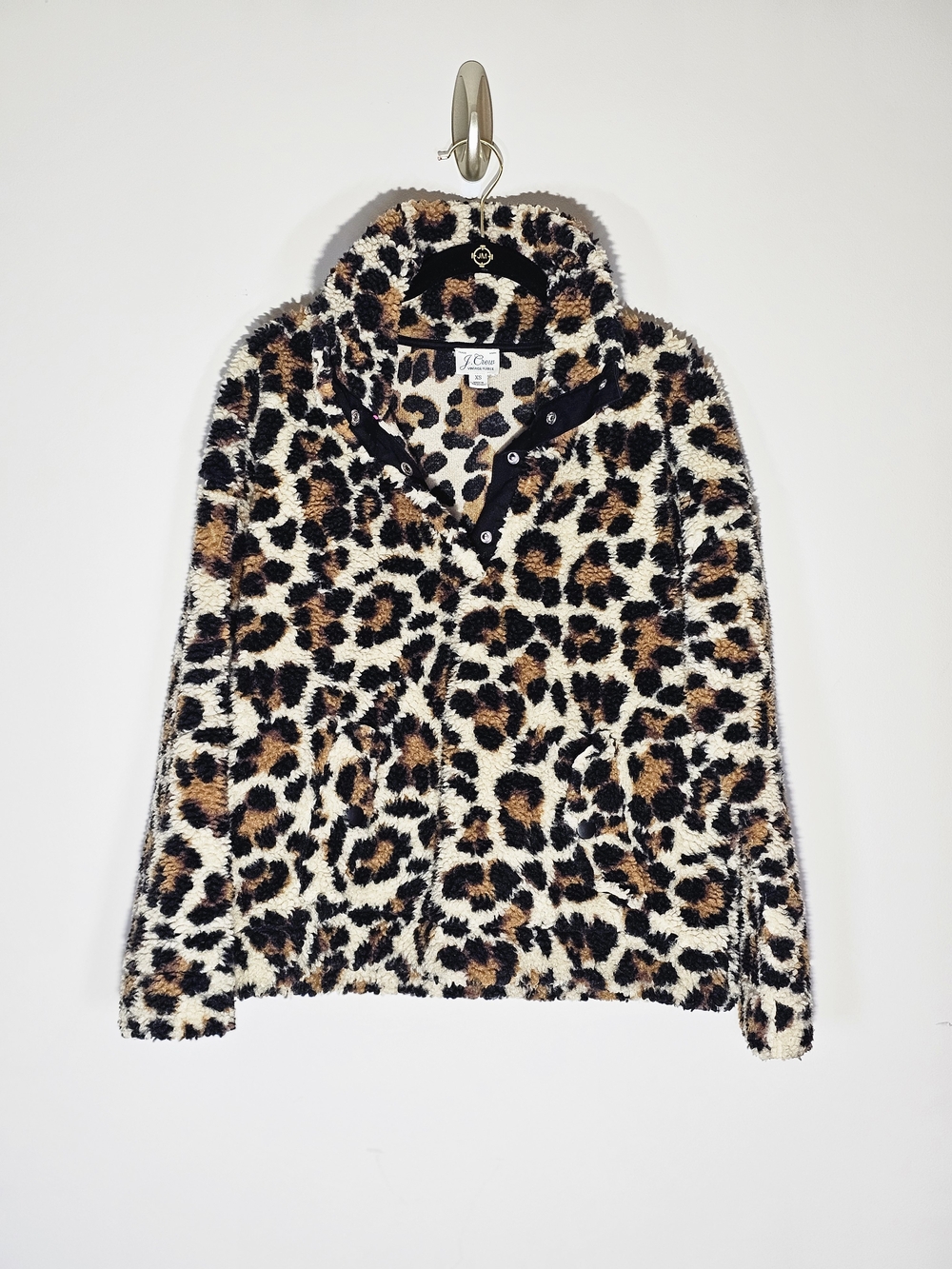 J. Crew Leopard Print Fleece Pullover Jacket - Black, Brown, Cream